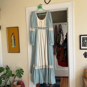 Vintage Gunne Sax Dress in Green Gingham With Corset Bust & Crochet Lace